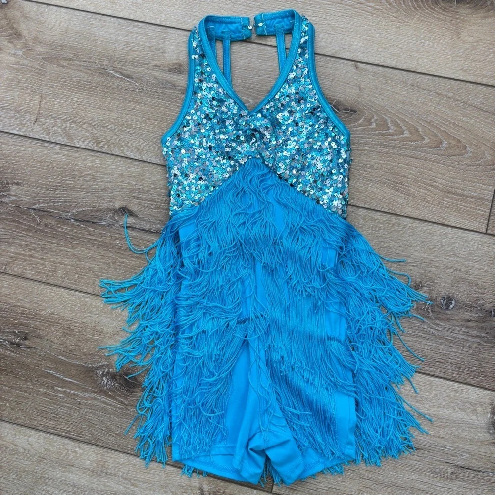 Weissman Showtime Dance Costume 10425 Size SC Blue Fringe Sequins Skating Tap